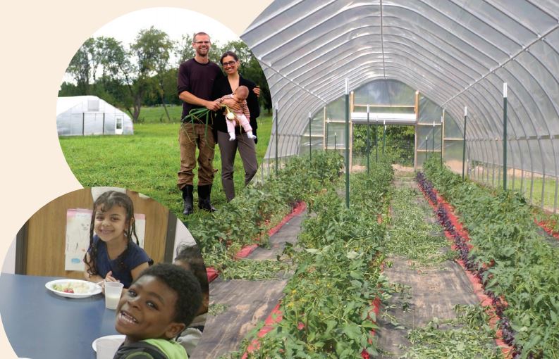 Image collage of hoophouse, farmer family, and children enjoying fresh food.